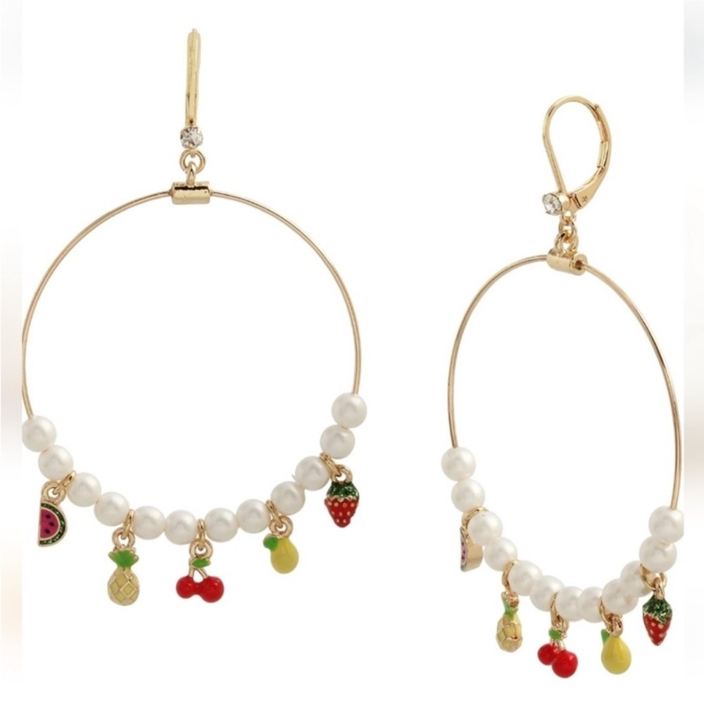 Betsey Johnson Forbidden Fruit Hoop Earrings With Fruit Charms & Faux Pearls NWT